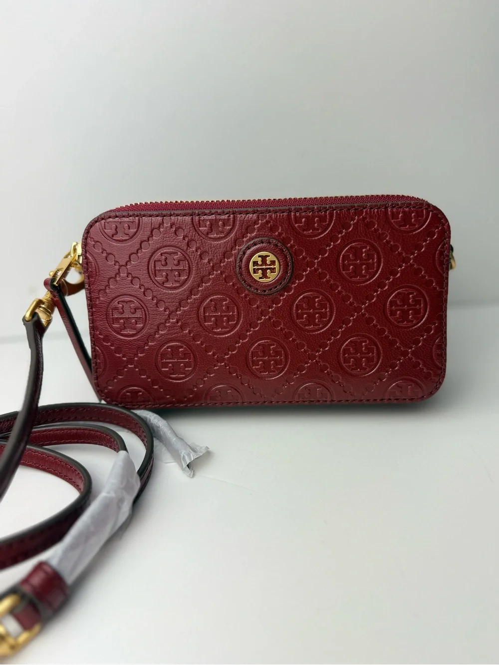 Tory Burch T Monogram Leather Double-Zip Mini Bag Juneberry Red Gold Hardware